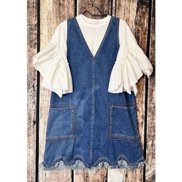 See By Chloe Scalloped Denim Jumper Dress Set Size 44 US 14 Shady Cobalt - Picture 1 of 12